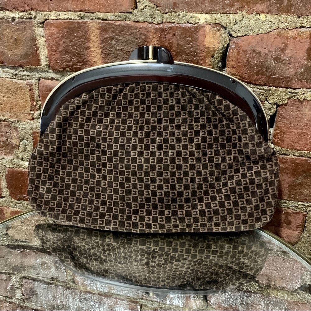 Vintage suede and acrylic kiss closure clutch